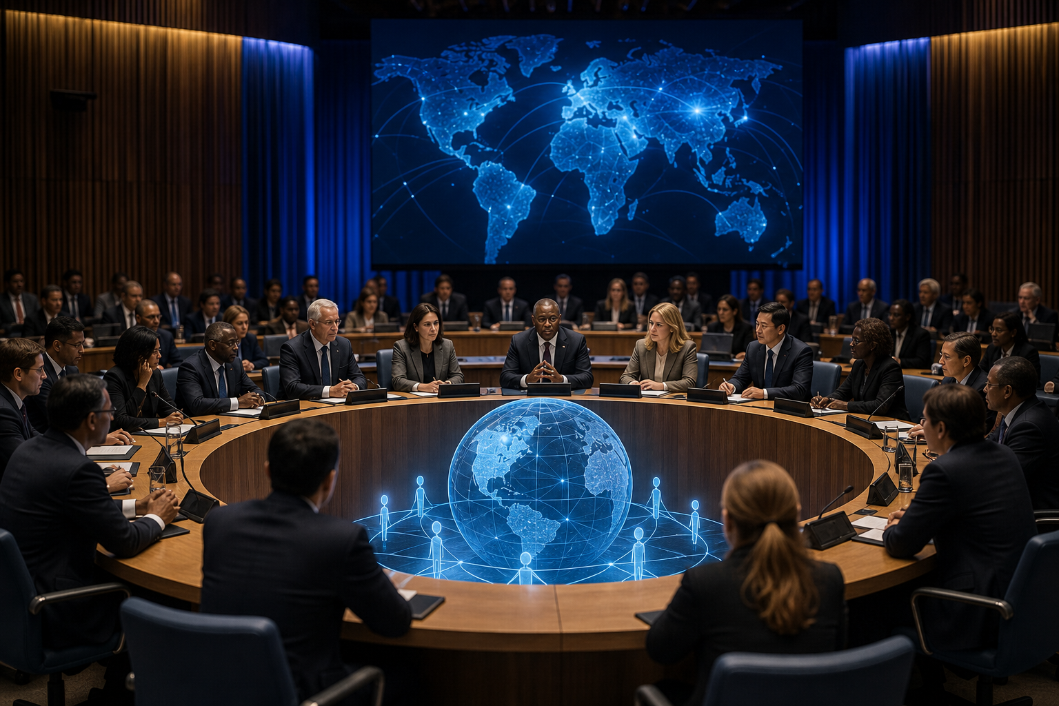 Delegates gather around a circular table displaying a glowing digital globe hologram in a futuristic conference hall.