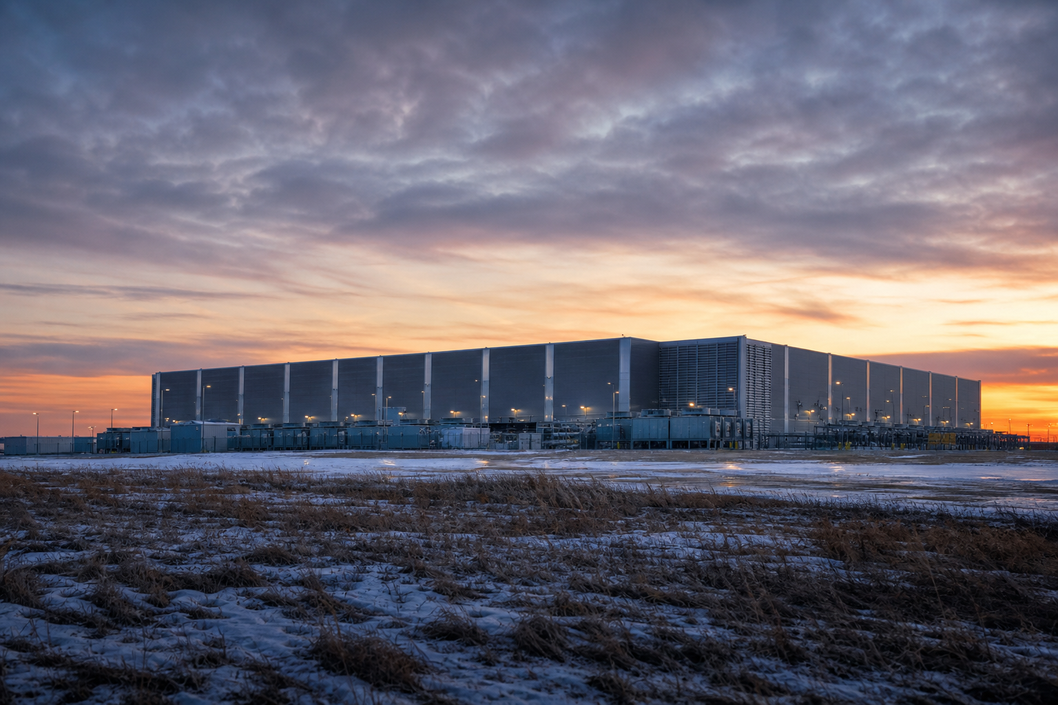 A massive modern data center facility stands alone in a vast prairie landscape under a cool twilight sky.