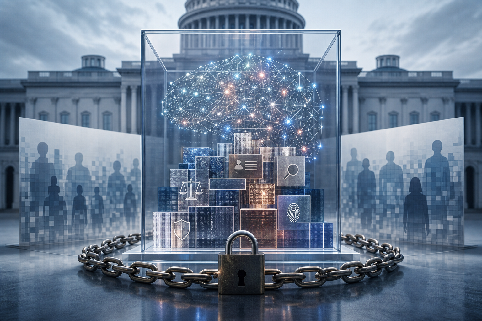In front of a government building, a locked chain surrounds a glass case containing a glowing digital brain and icon-stamped blocks.