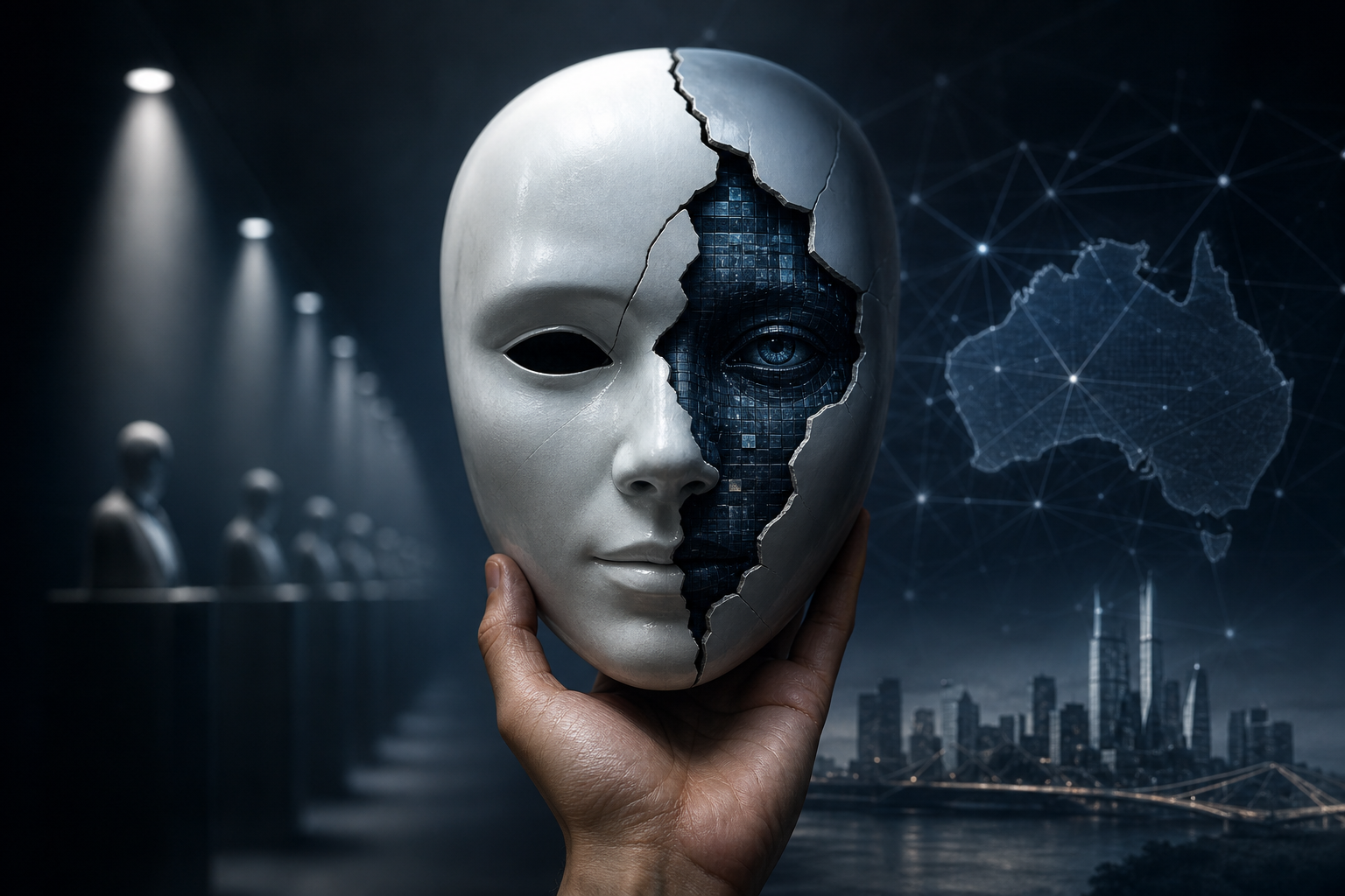 A hand holds a cracked white mask revealing a digital robotic face, set against a map of Australia and a city skyline.