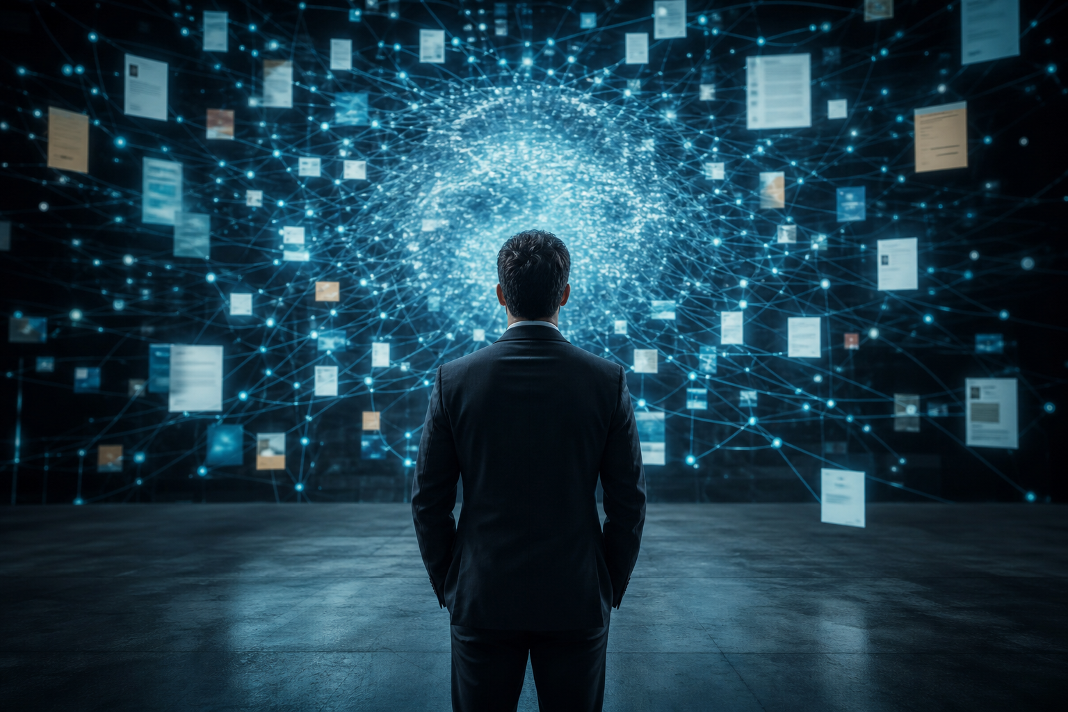 A man in a suit stands in a dark room, facing a vast glowing network of interconnected digital documents and glowing blue data nodes.