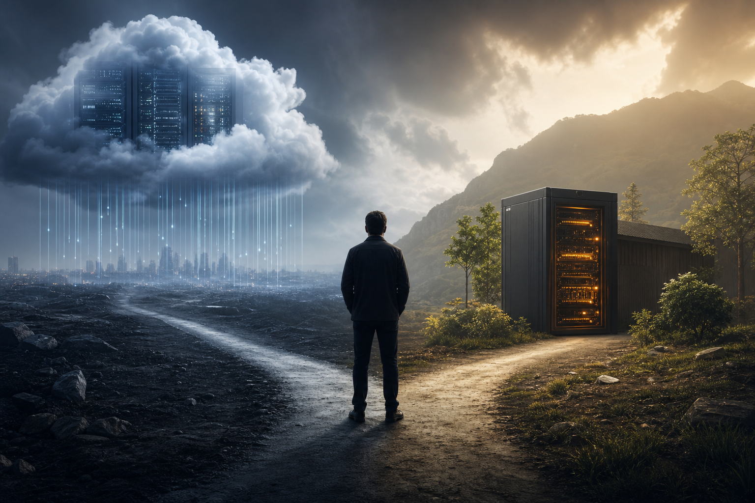 A person stands at a fork in a path between a dark cityscape under a cloud of servers and a sunlit server cabinet.