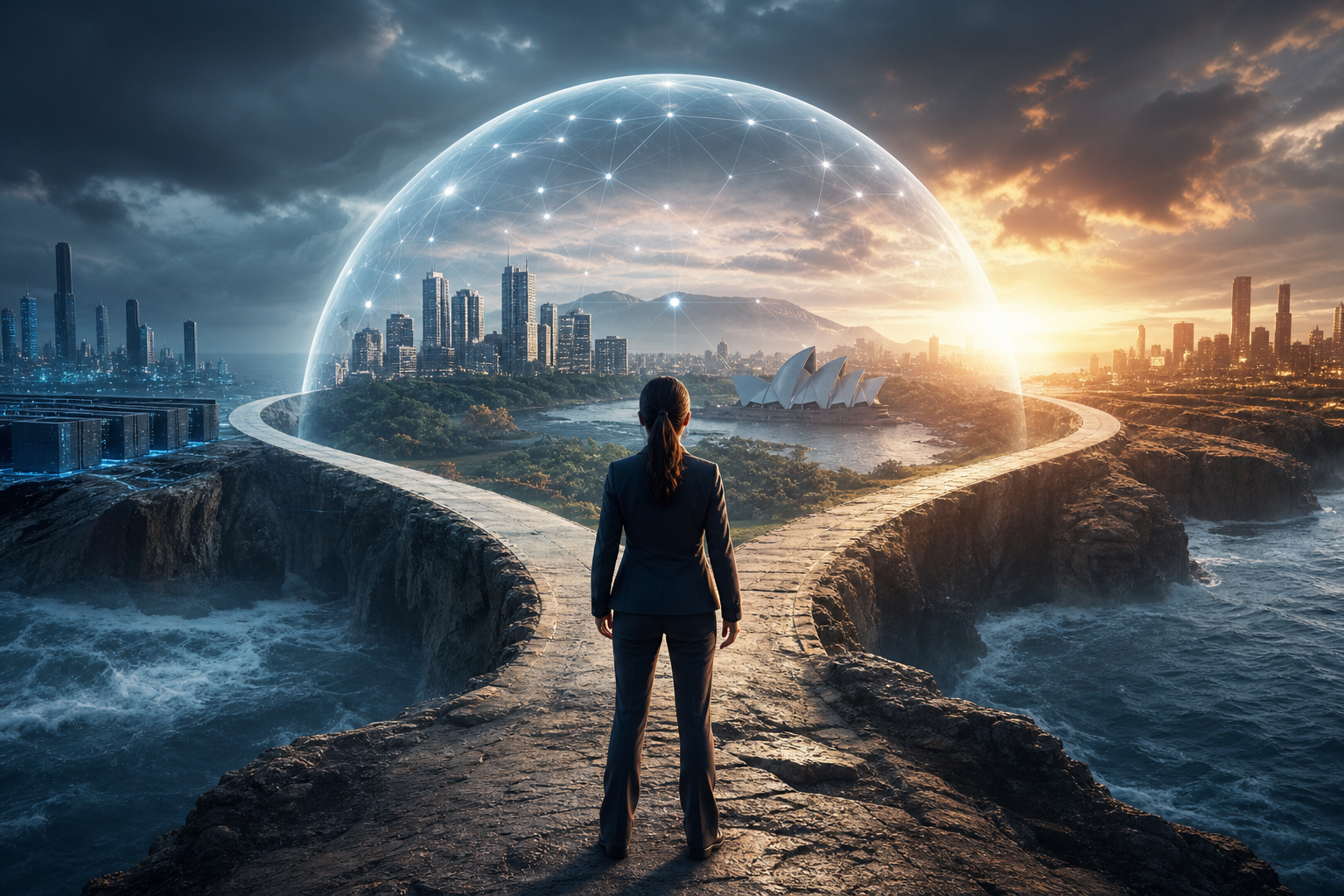 A person in a suit stands at a fork in a path, facing a glowing digital network dome enclosing Sydney Opera House.