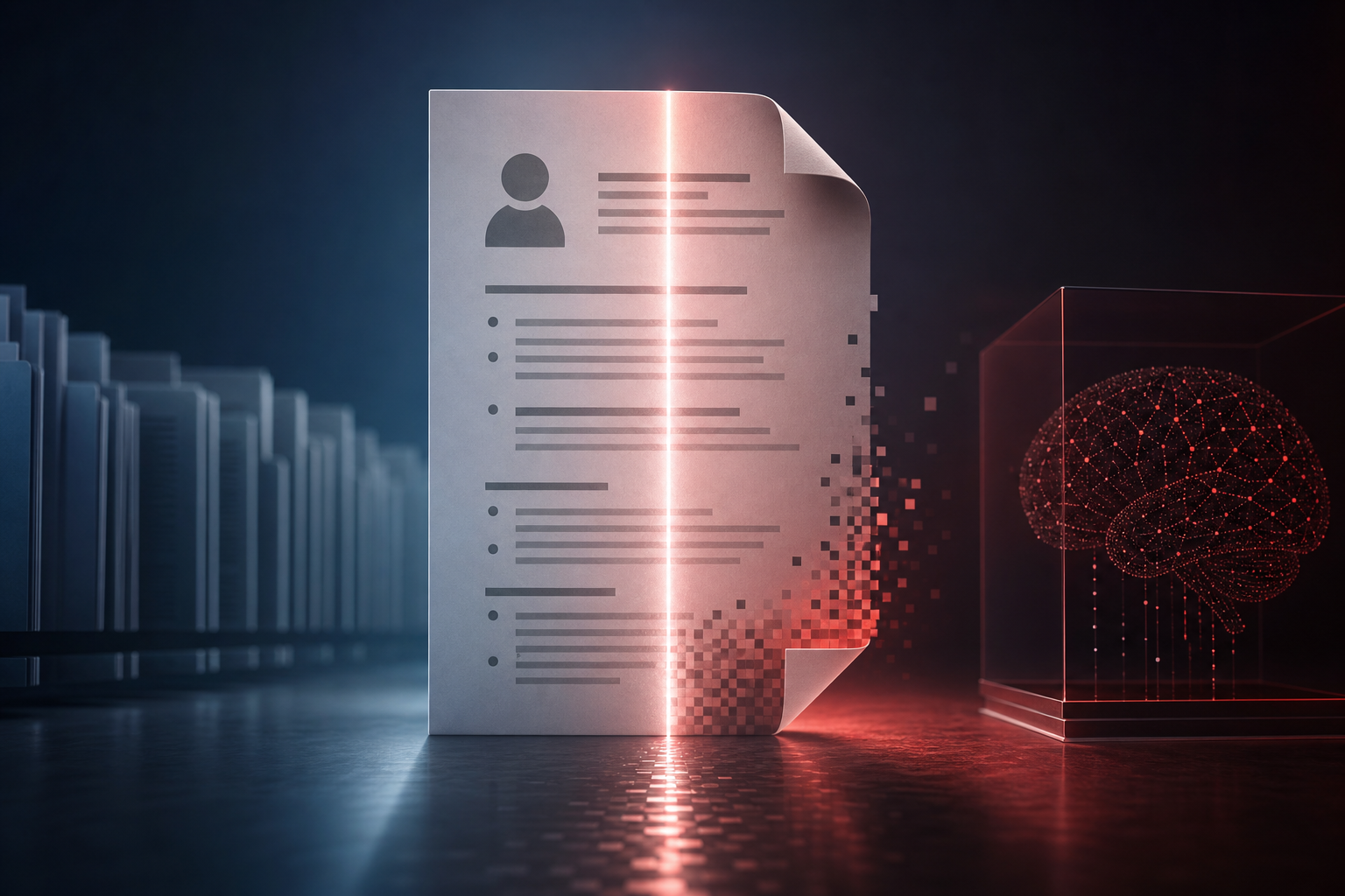 A light beam scans a digital resume dissolving into red pixels beside a glowing digital brain in a glass cube.