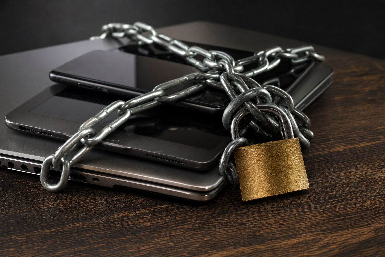 A stack of electronic devices wrapped in a heavy metal chain is locked with a brass padlock on a dark wooden surface.