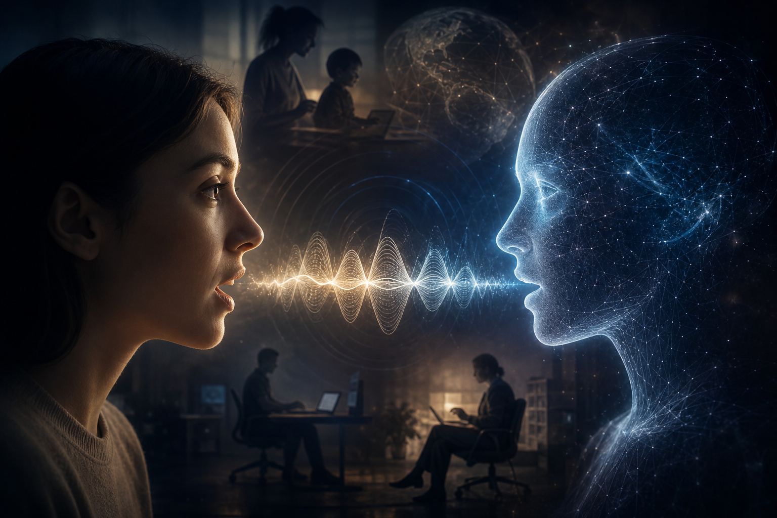 A woman speaks face-to-face with a glowing blue digital AI profile, connected by a glowing sound wave between them.