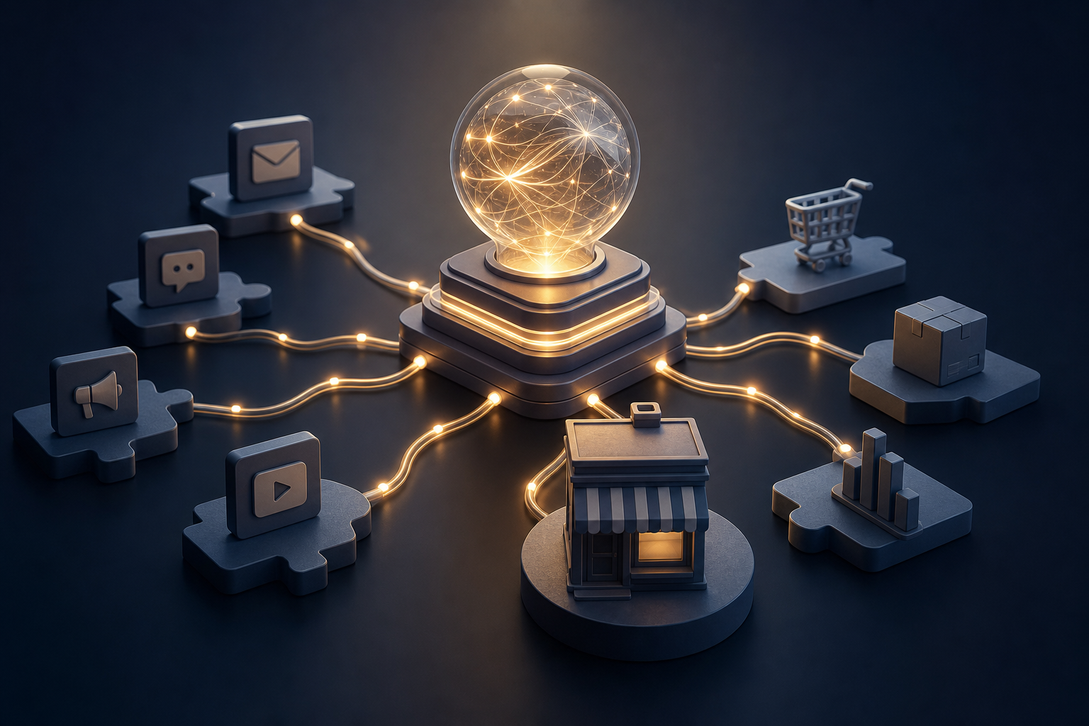 A central glowing lightbulb connects via illuminated cables to various business icons arranged on puzzle-piece platforms across a dark surface.