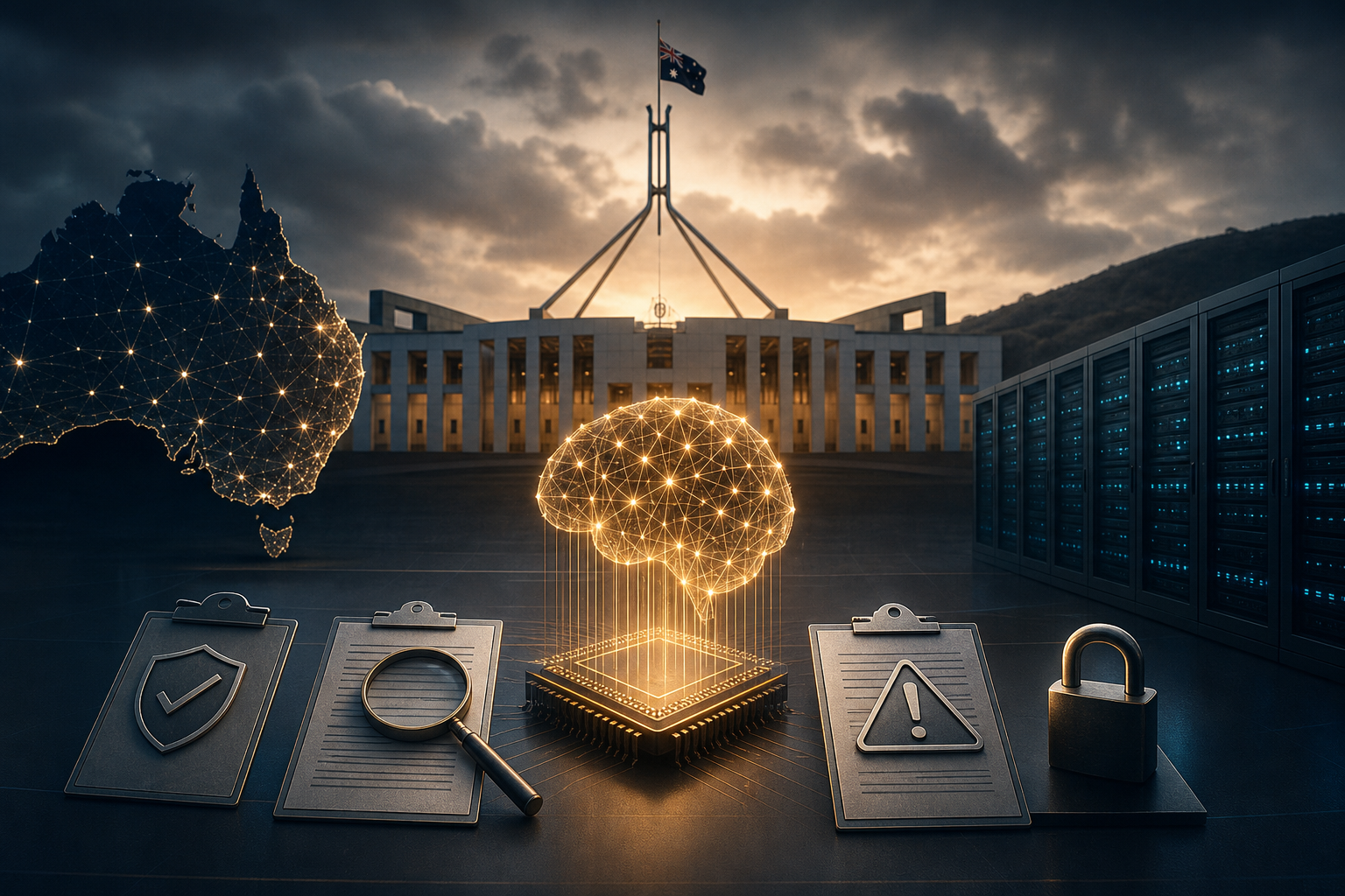 A glowing digital brain floats in front of Parliament House, flanked by server racks, clipboards with icons, and a luminous map of Australia.