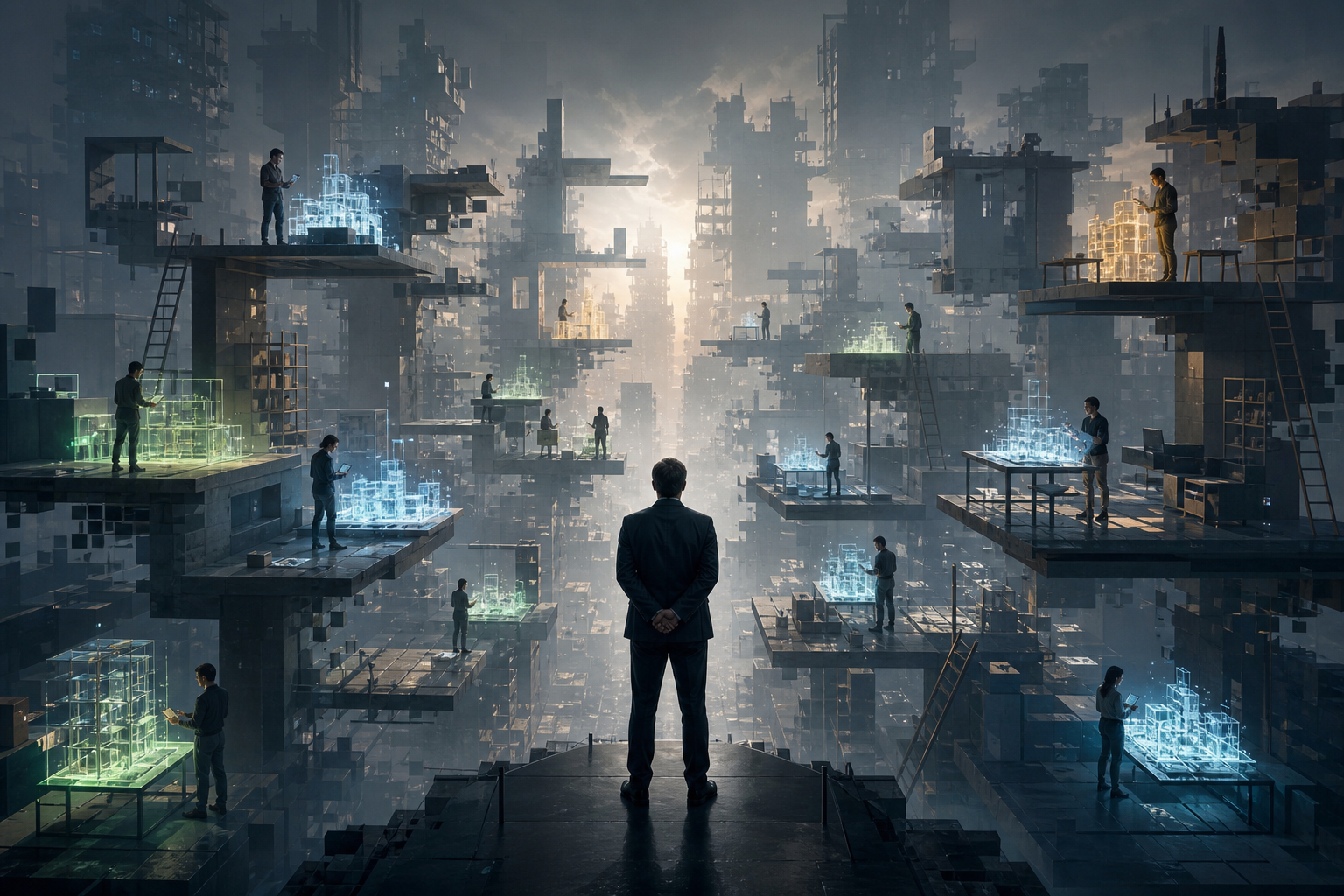 A businessman in a suit looks out from a ledge over a fragmented cityscape where people build glowing holographic models on separate platforms.