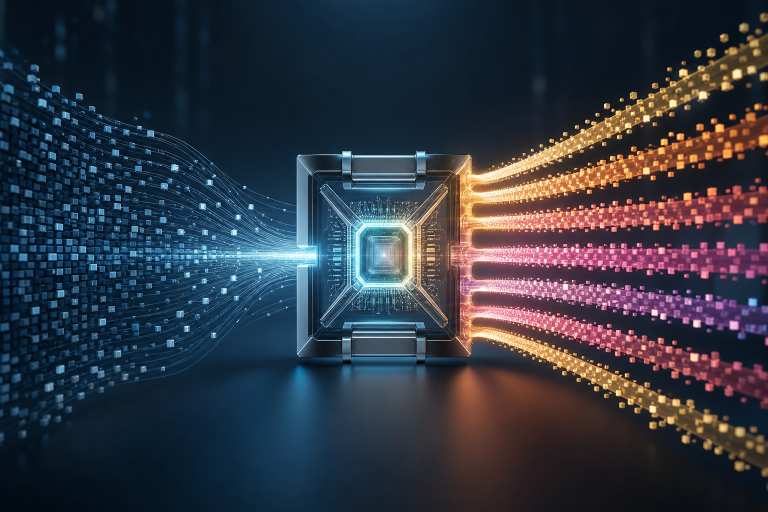 A glowing central microchip transforms a single stream of blue digital pixels into multiple parallel streams of multicolored particles.